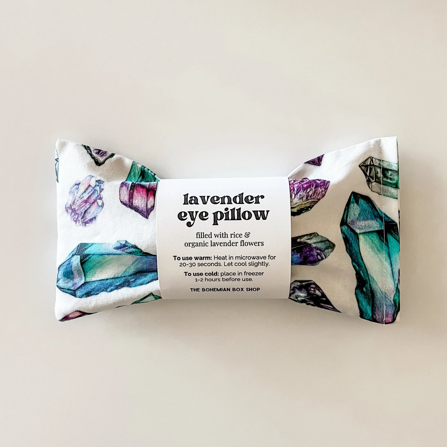 Crystals Lavender Eye Pillow, blue and purple, with rainbow fluorite and amethyst crystals 